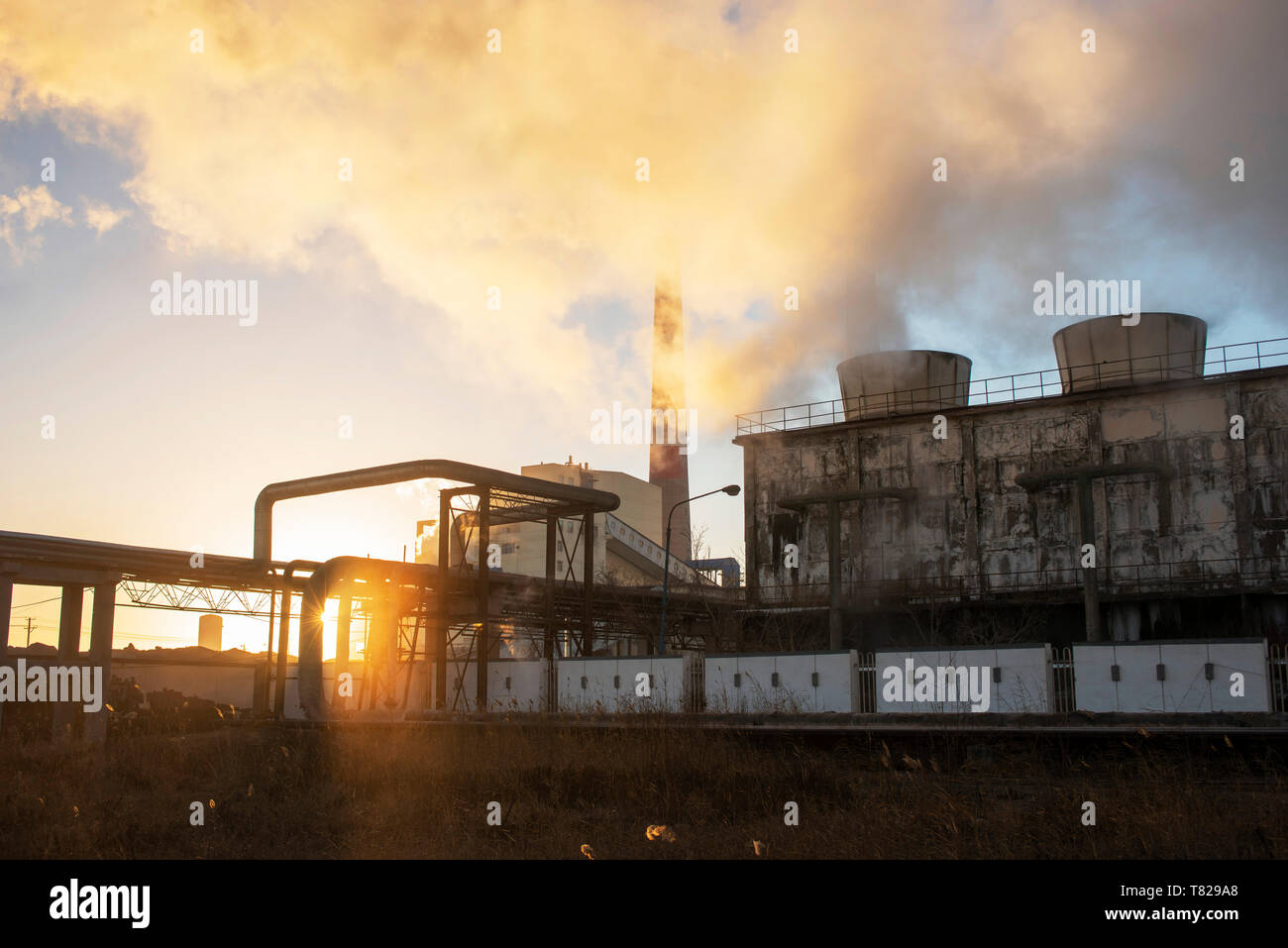 Rohre aus Stahl in einem chemischen Betrieb bei Sonnenaufgang. Stockfoto