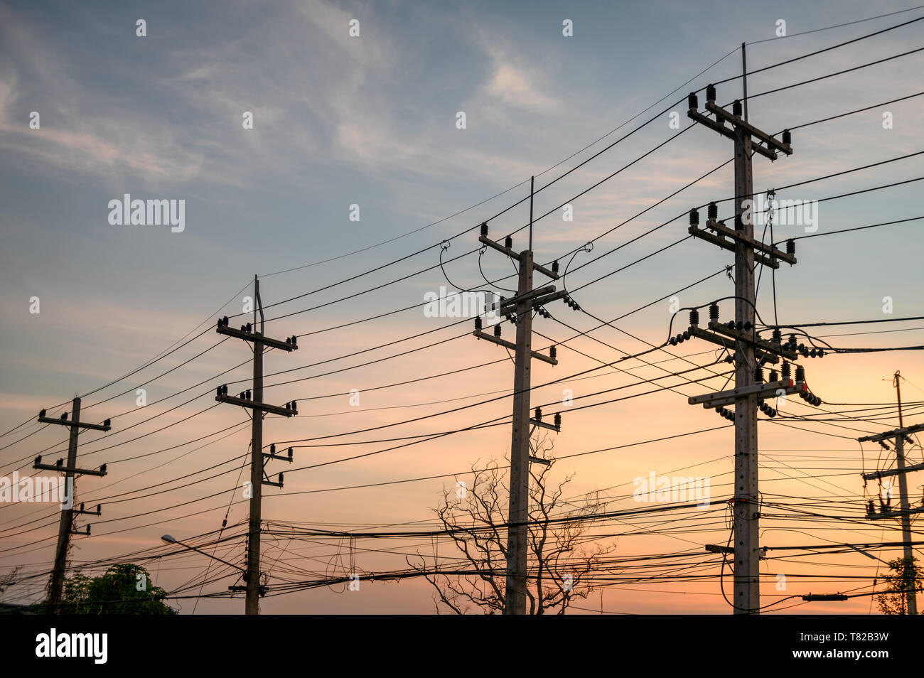 Ländliche Reihen von strommast mit Kabel Netzwerk auf Sonnenuntergang Hintergrund Stockfoto