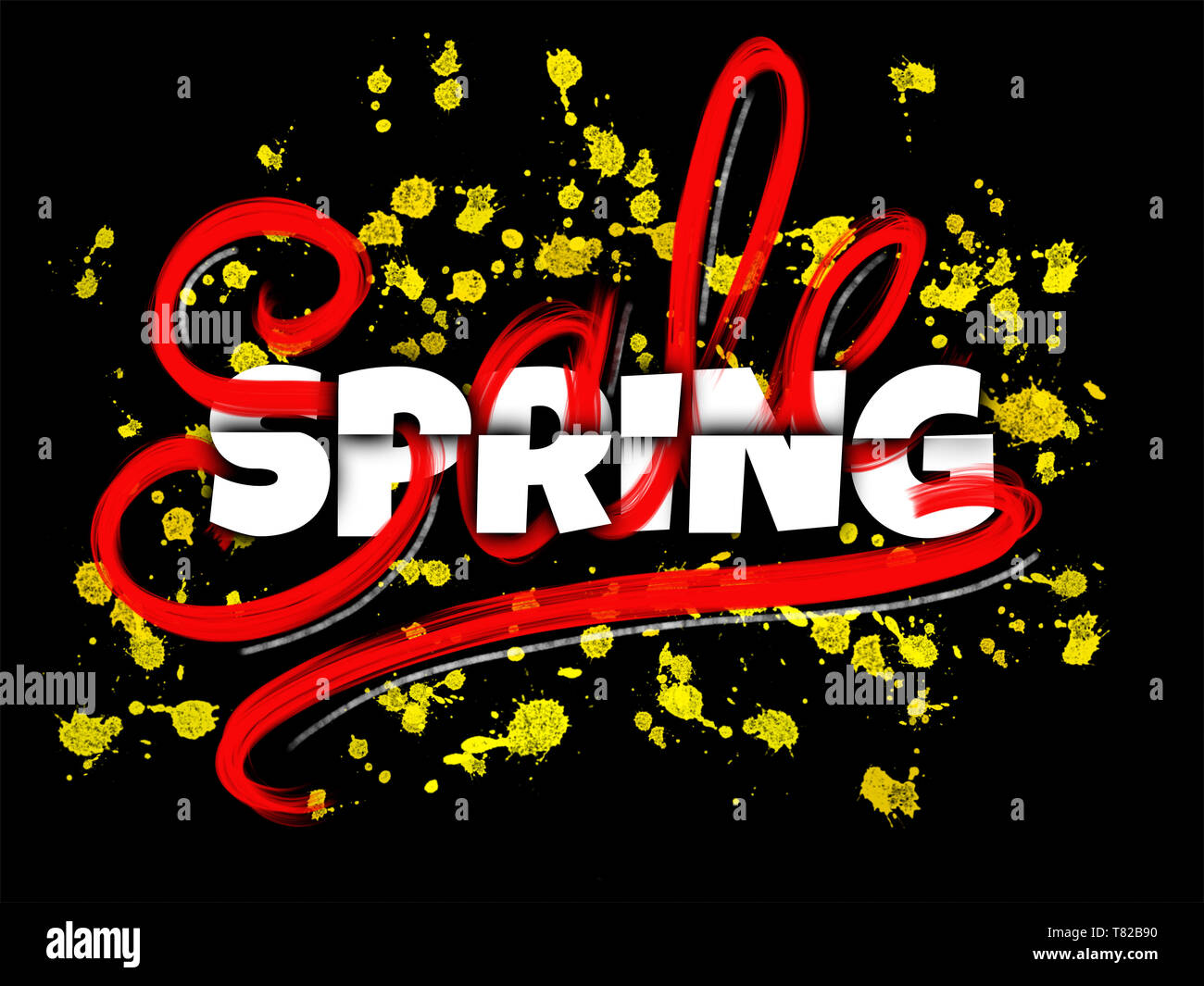 Frühling Verkauf Zeichen mit Typografie, Schrift und glühenden Tinte Flecken auf schwarzem Hintergrund Stockfoto