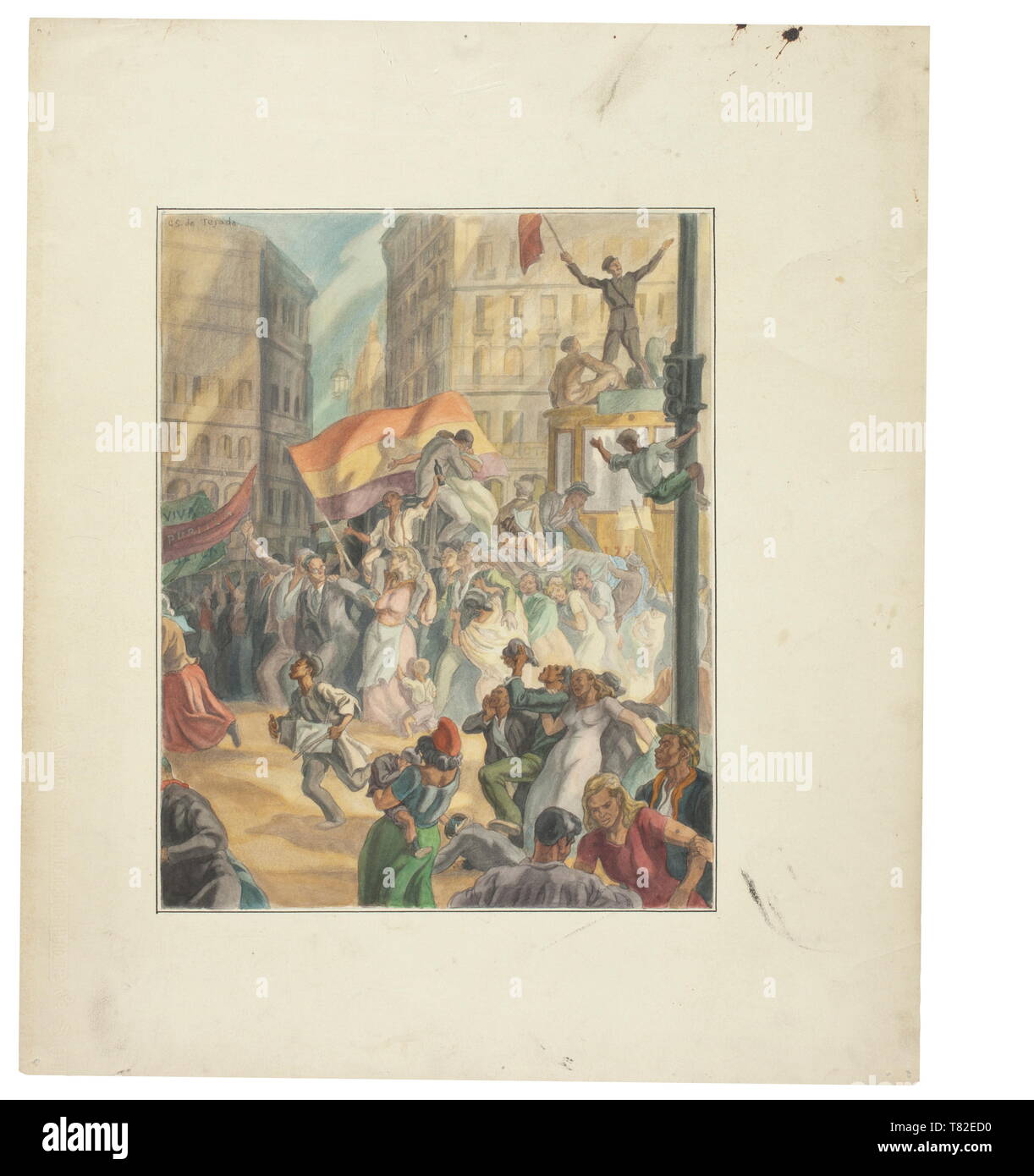 Carlos Sáenz de Tejada (1897-1958) - Viva La Republica eine Studie der revolutionären Kämpfe während des Bürgerkriegs (1936-39), die von den berühmten Spanischen Maler. Multi - farbige Zeichnung auf Karton, mit dem Namen des Maker" Carl Schleicher & Sohn', Wasser Farben und Weiß gehöht geprägt. Die hand gezeichnete Bild zeigt die Bürger von Madrid in der Straße "Puerta del Sol" feiern ihren Sieg. Auch dargestellt: eine Frau mit einer "BARRETINA', einem traditionellen Kopfbedeckungen, Fahnen in den Farben Rot, Gelb und Lila oder mit der Aufschrift 'Viva La Republica". Unterzeichnet "C. S., Additional-Rights - Clearance-Info - Not-Available Stockfoto