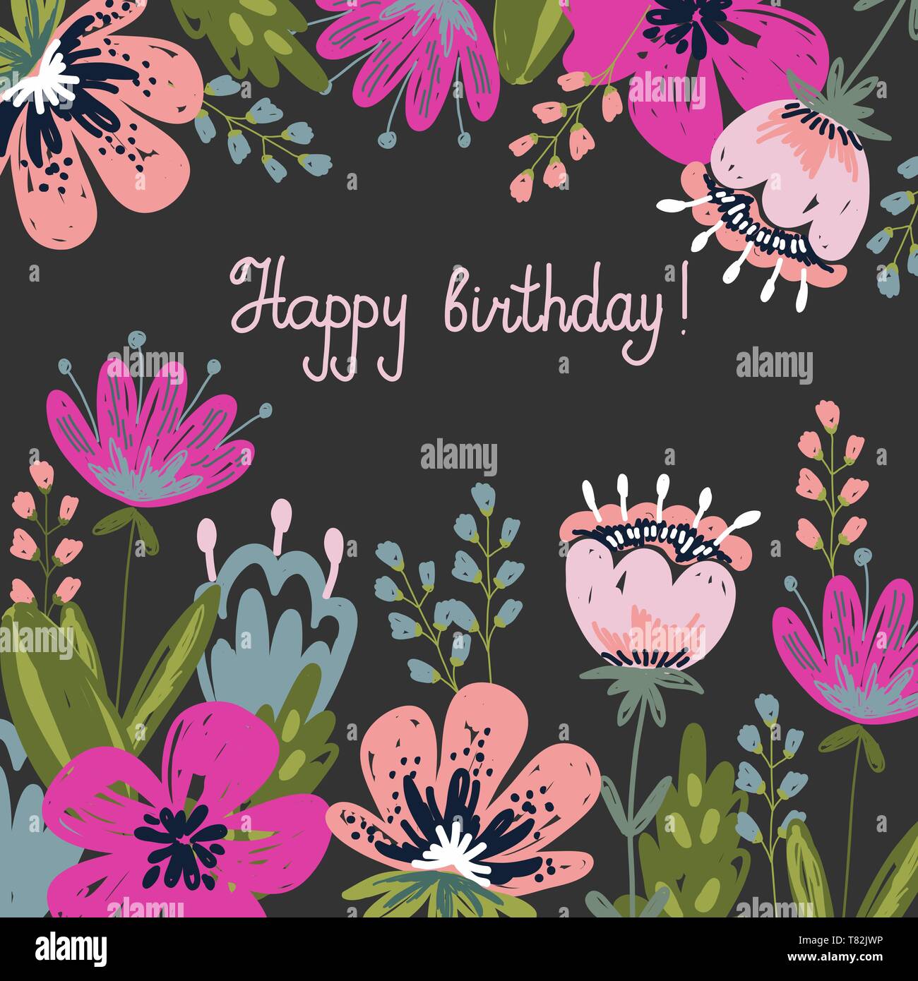 Grußkarte "Happy Birthday". Hand Zeichenpinsel Bild. Blüten und Blätter auf  einem dunklen Hintergrund. Vektor Stock-Vektorgrafik - Alamy