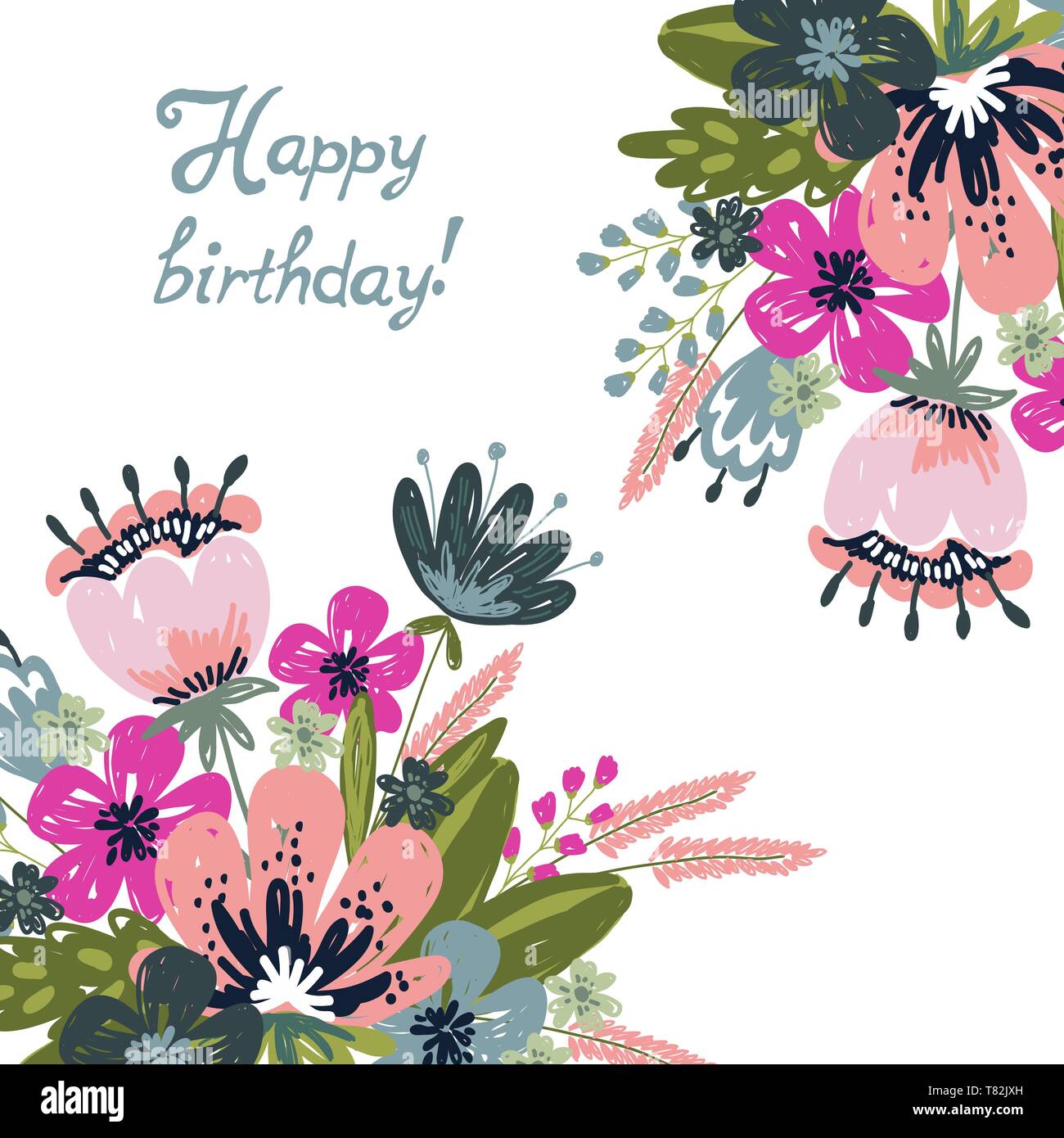 Grußkarte "Happy Birthday". Hand drawng Bürste Bild. Doodle Blumen und Blätter Arrangements solated auf einem weißen Hintergrund. Vektor Stock Vektor