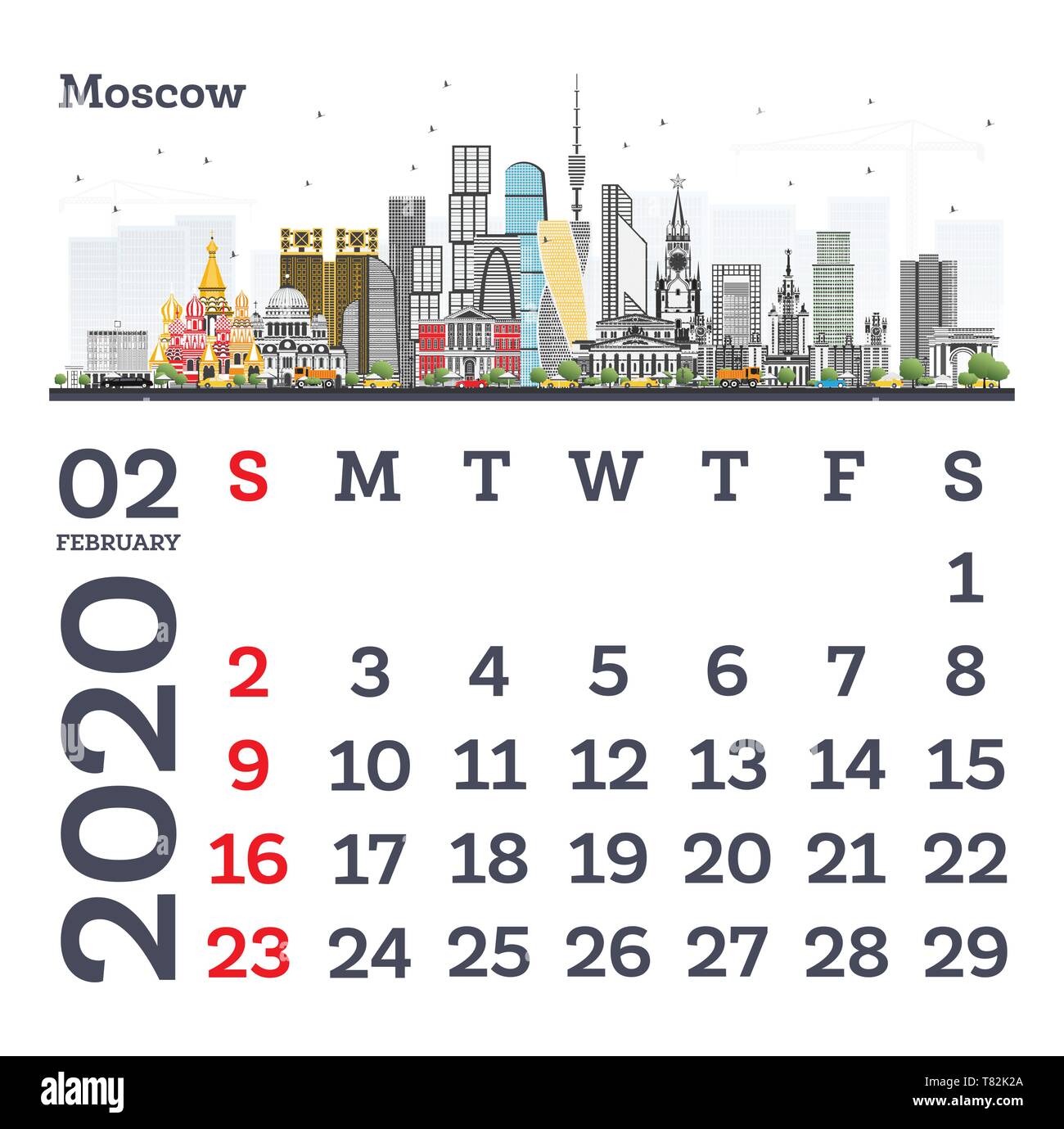 Februar 2020 Vorlage Kalender mit Moskau City Skyline. Vector Illustration. Vorlage für Drucken. Woche beginnt ab Sonntag. Stock Vektor