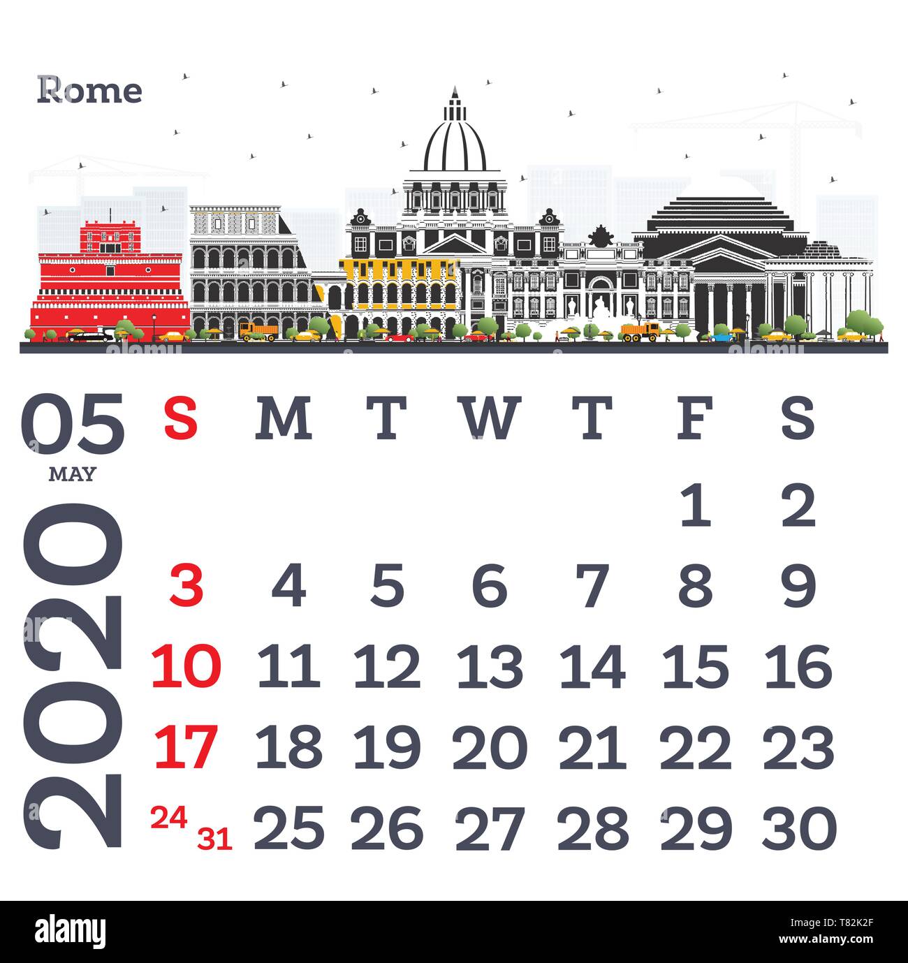 Mai 2020 Vorlage Kalender mit Rom die Skyline der Stadt. Vector Illustration. Vorlage für Drucken. Woche beginnt ab Sonntag. Stock Vektor