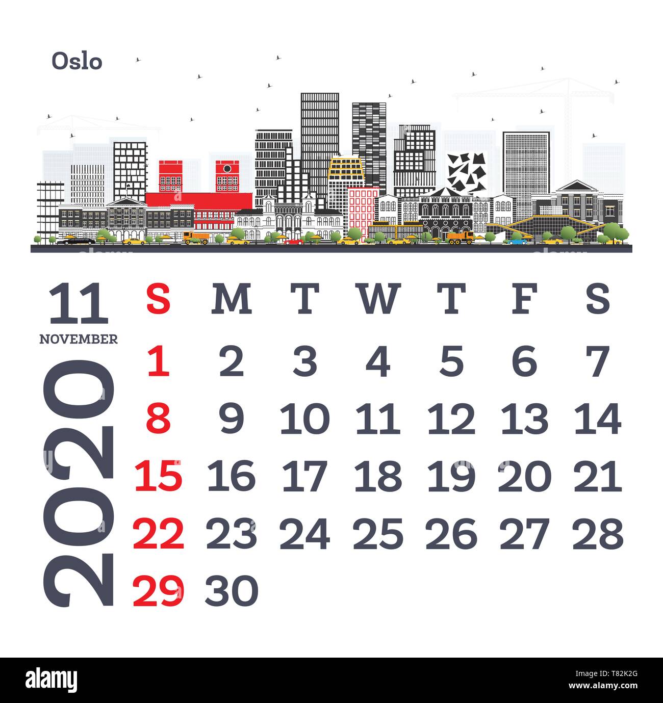 November 2020 Vorlage Kalender mit Oslo City Skyline. Vector Illustration. Vorlage für Drucken. Woche beginnt ab Sonntag. Stock Vektor