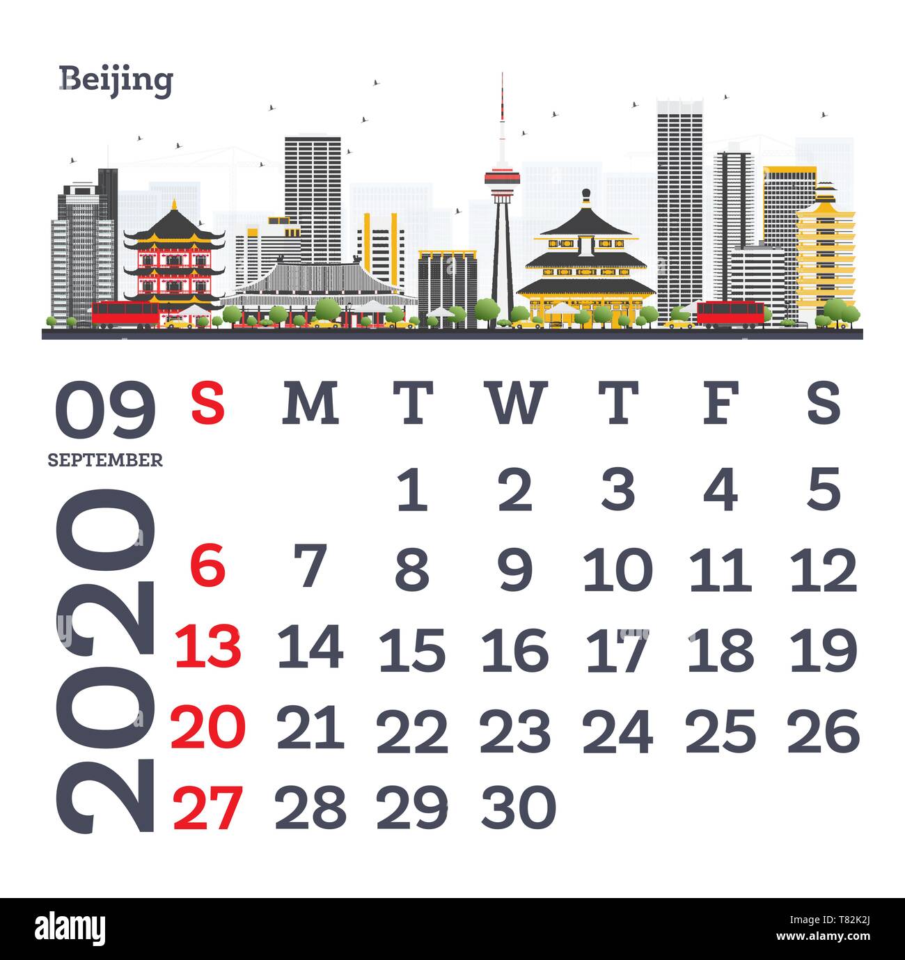 September 2020 Vorlage Kalender mit Peking Skyline der Stadt. Vector Illustration. Vorlage für Drucken. Woche beginnt ab Sonntag. Stock Vektor