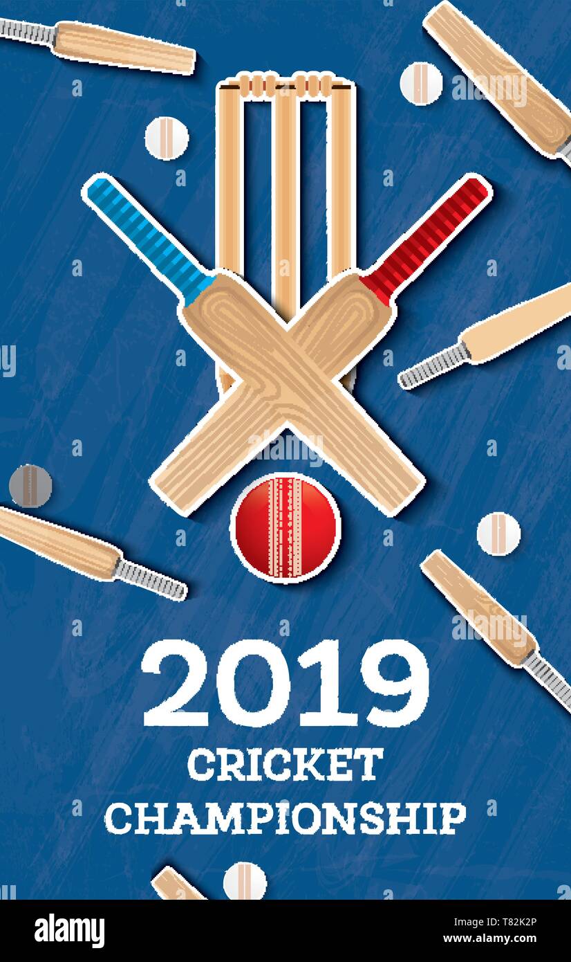 Cricket 2019 Flyer. Player Schläger und Ball. Cricket Sport Hintergrund. Vector Illustration. Stock Vektor