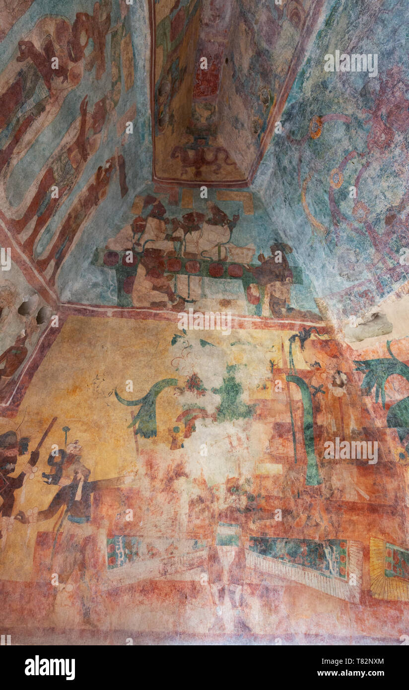 Bonampak Mexiko Mittelamerika - alten Maya - Maya Wandmalereien in Zimmer 3 des Tempels von Wandmalereien, die Feier des Sieges in der Schlacht; Stockfoto