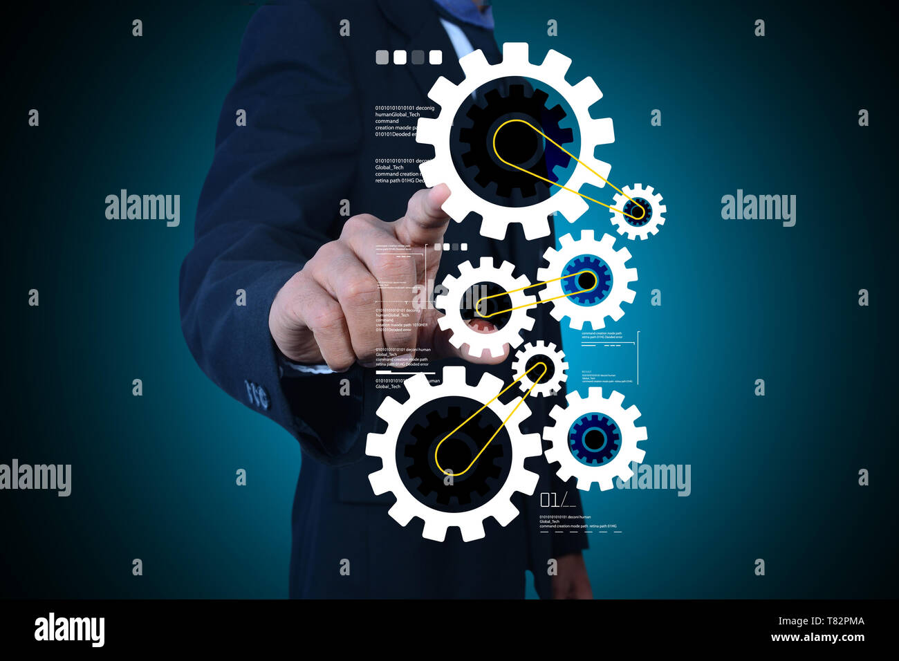 Business Mann mit Getriebetechnik Stockfoto