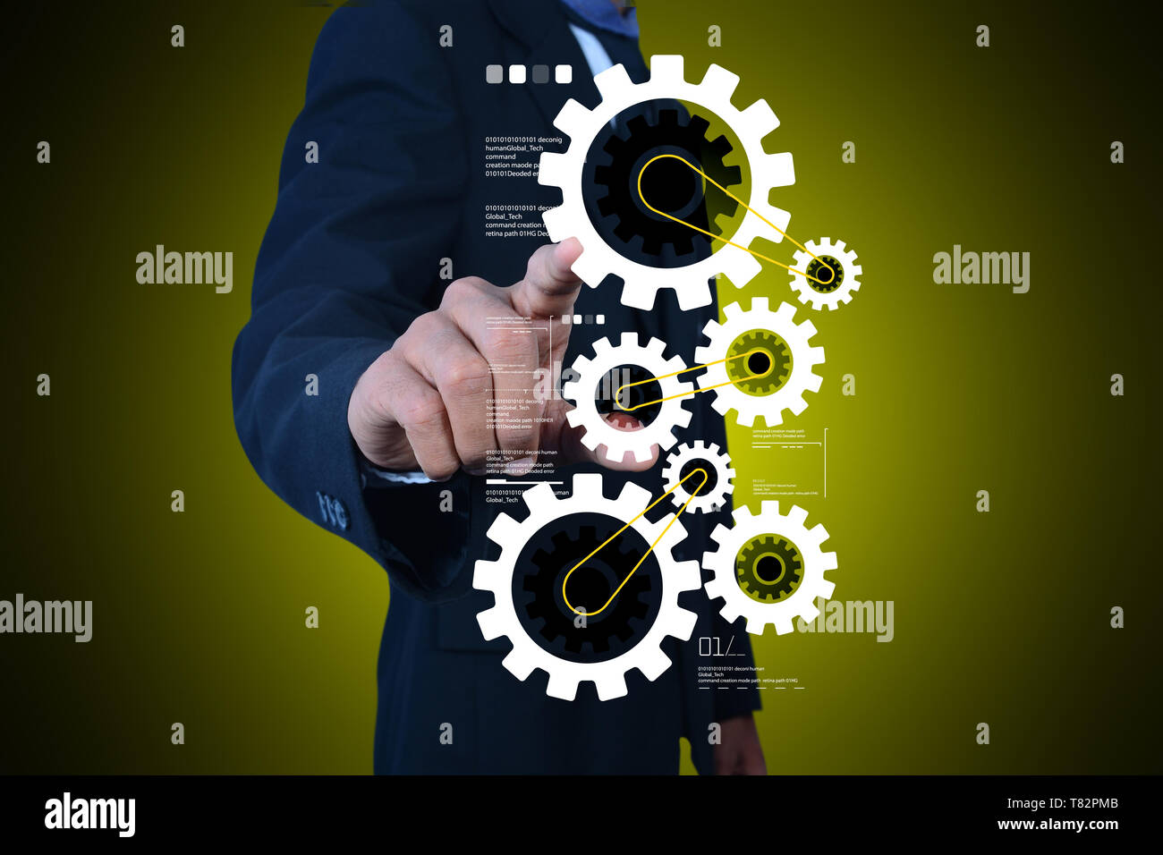Business Mann mit Getriebetechnik Stockfoto