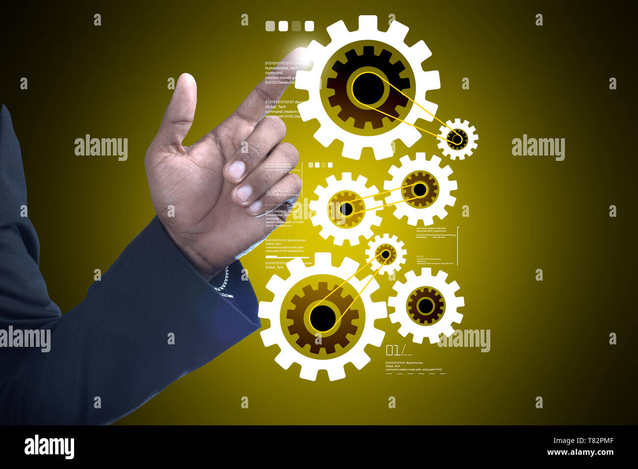 Business Mann mit Getriebetechnik Stockfoto