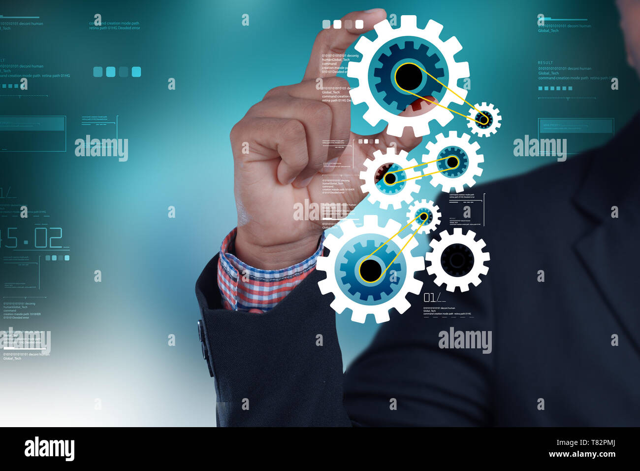 Business Mann mit Getriebetechnik Stockfoto