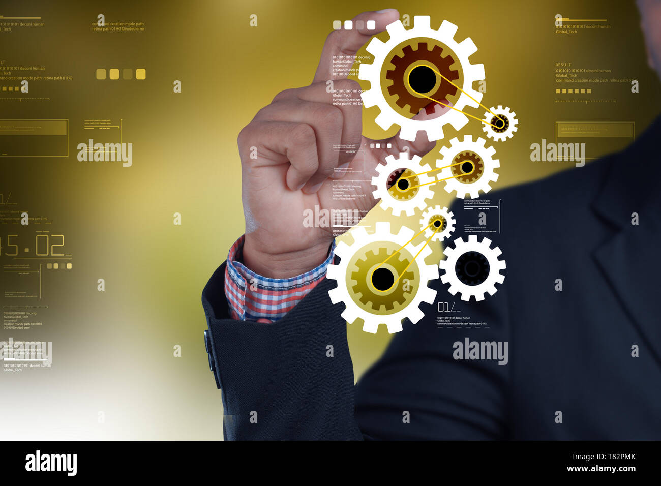 Business Mann mit Getriebetechnik Stockfoto