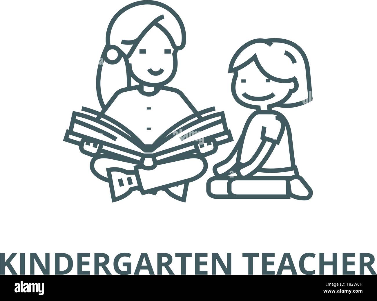 kinderg-rtnerin-frau-liest-vektor-symbol-leitung-lineare-konzept