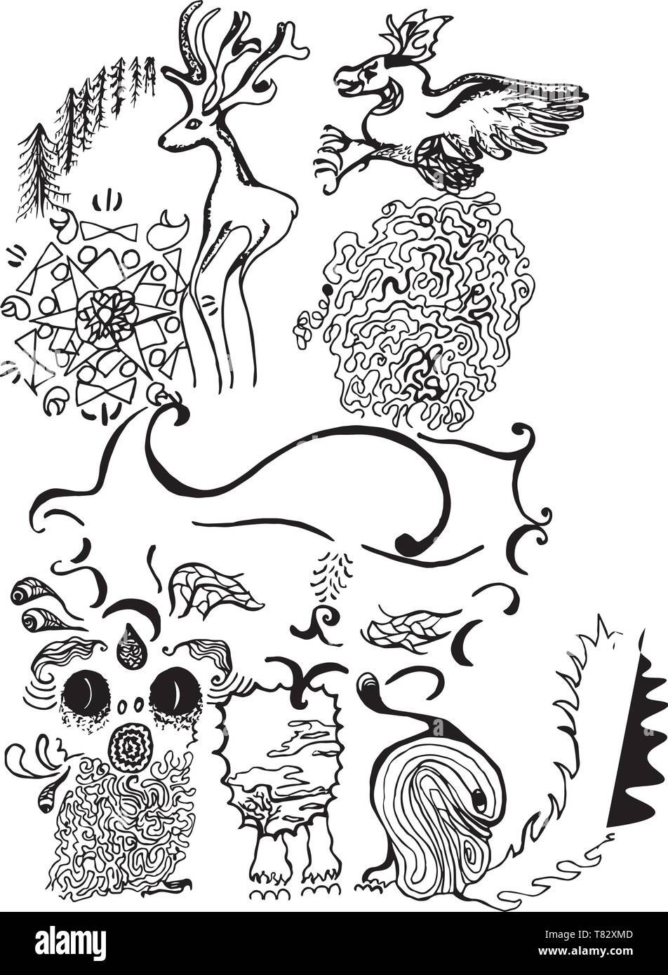 Schwarze und weiße Abbildung des psychedelischen Kota. Muster, Freunde, Meditation. Stock Vektor
