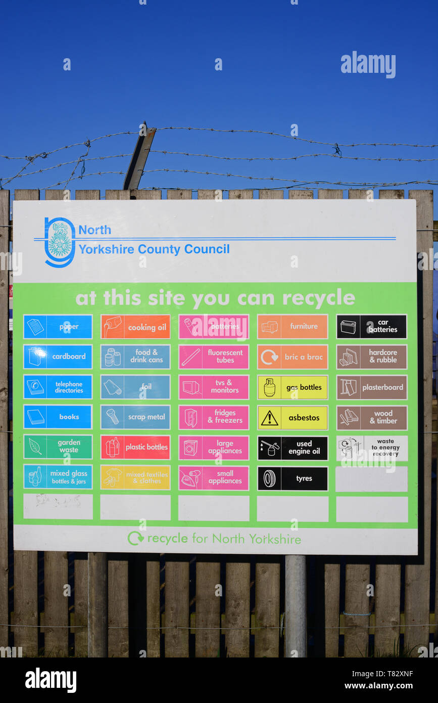 Schwarzes Brett von Elementen, die am Selby-recycling-Zentrum von Nord Yorkshire County Council Großbritannien recycelt werden können Stockfoto