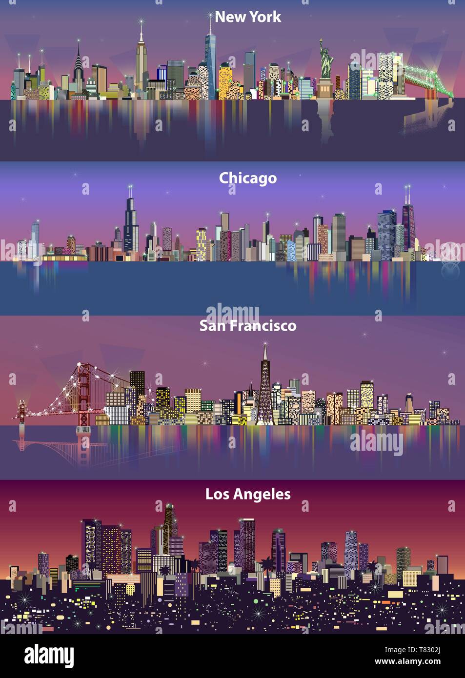 Abstract vector Illustrationen von United States Skylines (New York, Chicago, San Francisco und Los Angeles) in der Nacht mit Karte Stock Vektor