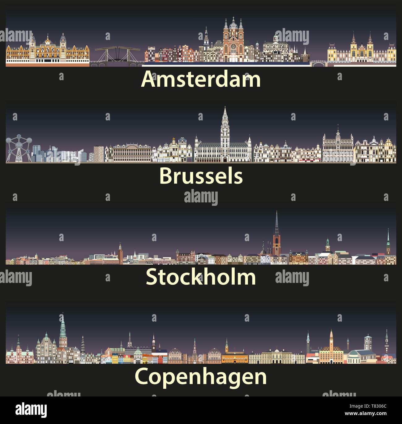 Vektor Städte Skylines von Amsterdam, Brüssel, Stockholm und Kopenhagen Stock Vektor