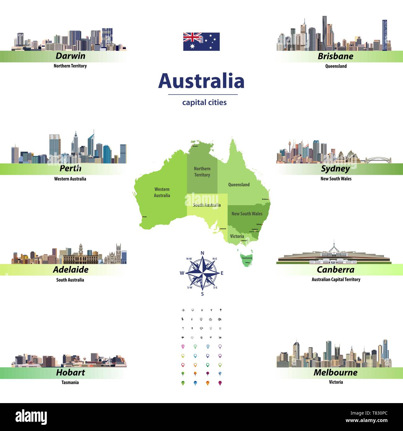 Vector Illustration von Australien Staaten Karte mit skylines der Hauptstädte Stock Vektor