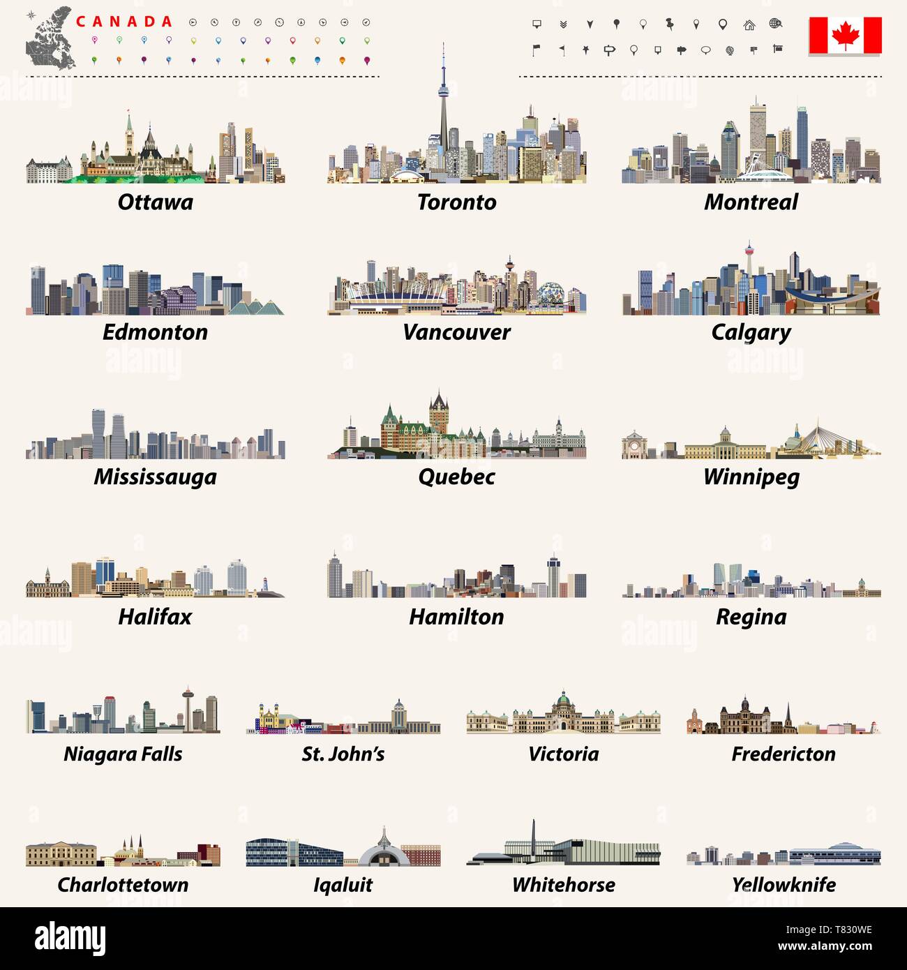 Vektor Kanadischen größten Städte und Staaten, hauptstädten Skylines Stock Vektor
