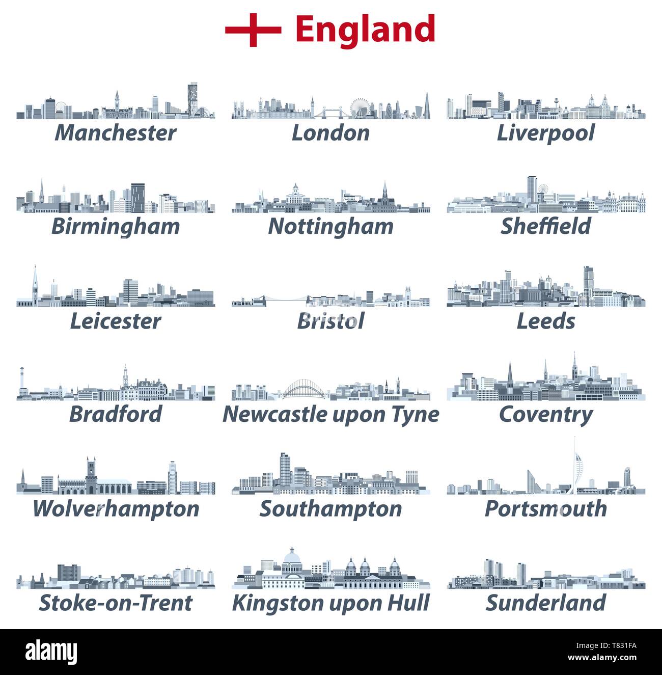 England Städte isoliert Skylines. Vector Illustration Stock Vektor