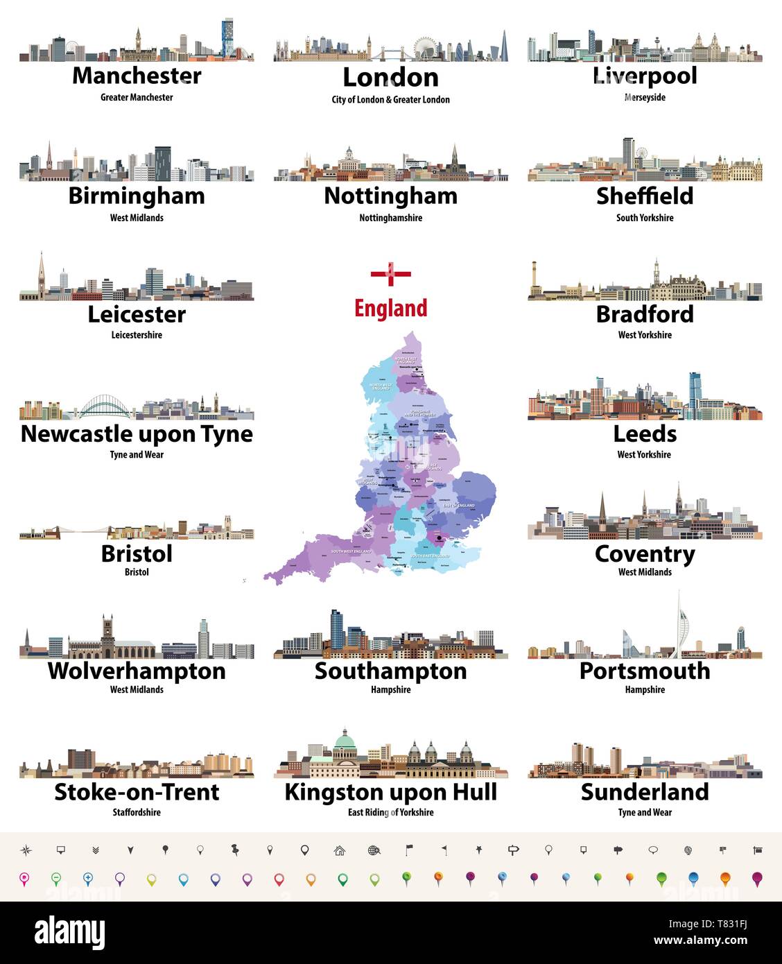 Vektor einrichten von England größten Städte Skylines. Karte und Flagge von England Stock Vektor