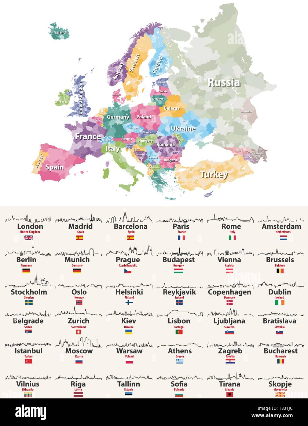 Vector Illustration Europas Regionen Karte mit europäischen Städten skylines Symbole Stock Vektor
