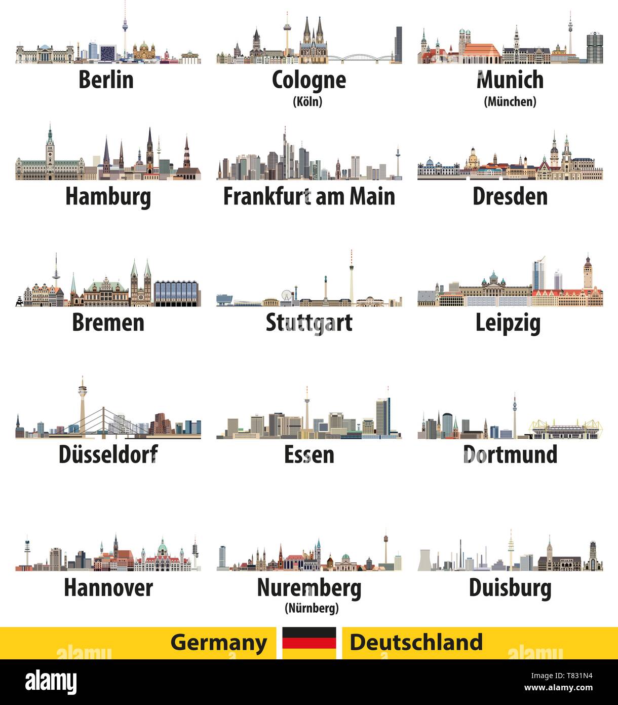 Deutschlands größte Städte Skylines Symbole Vektor einrichten Stock Vektor