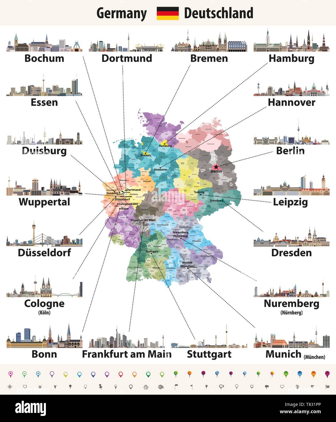 Vector Illustration von Deutschland hoch detaillierte Karte mit den größten Städten skylines Symbole Stock Vektor