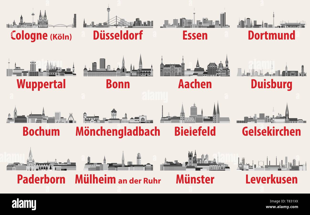 Vektor einrichten von Bundesland Nordrhein - Westfalen größten Städte Skylines Symbole Stock Vektor