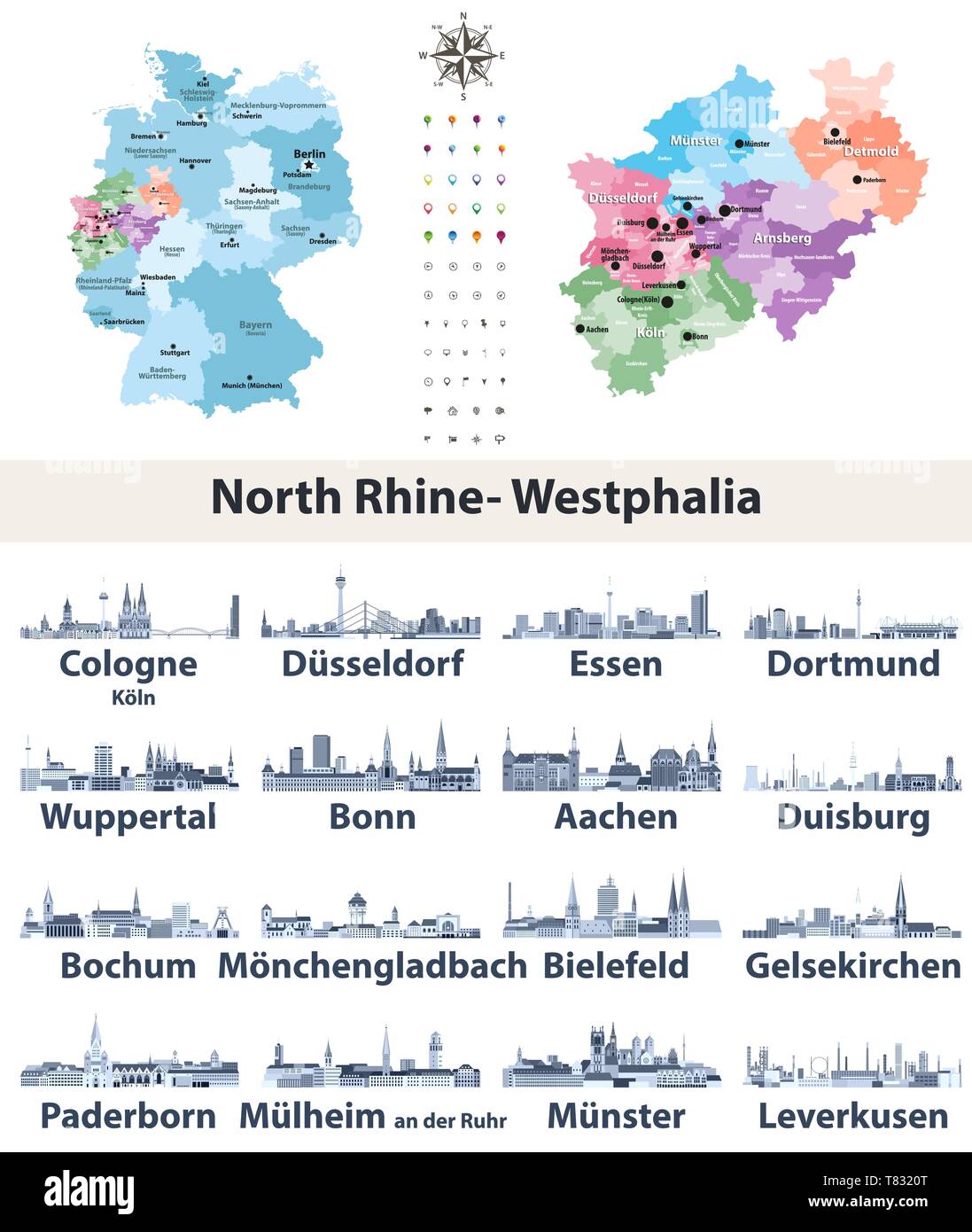 Deutschland Bundesland Nordrhein-Westfalen hoch detaillierte Vektor Karte mit den größten Städten skylines Silhouetten Stock Vektor