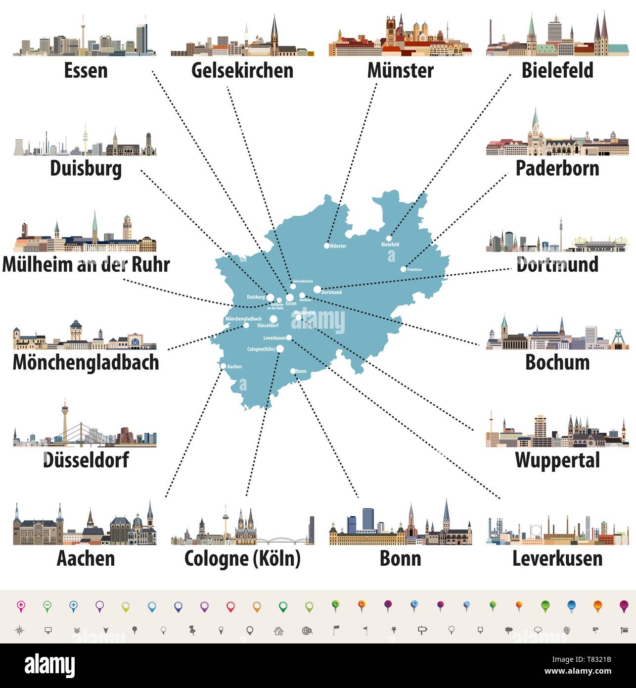 Deutschland Bundesland Nordrhein-Westfalen hoch detaillierte Vektor Karte mit den größten Städten skylines Silhouetten Stock Vektor