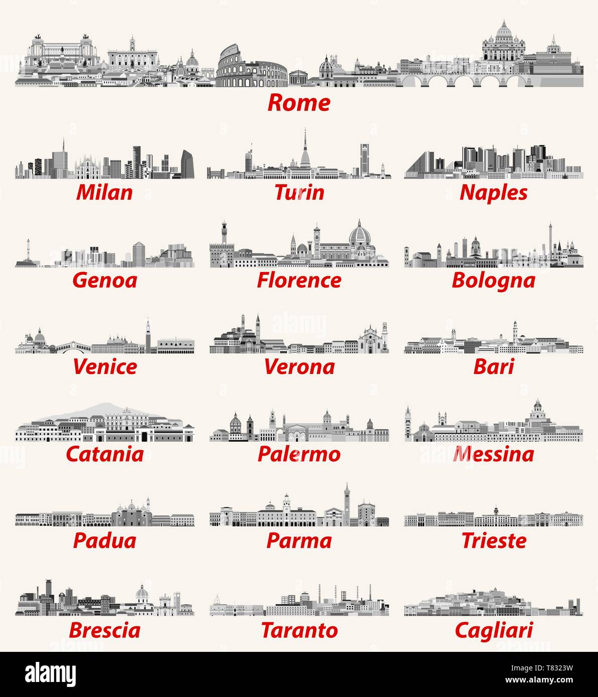 Italien Städte Städte Skylines Vector Illustration Stock Vektor