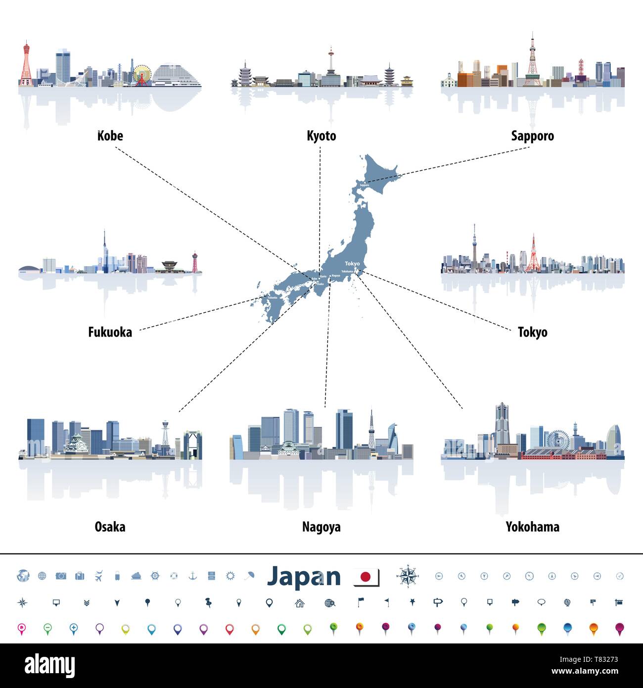 Japanische Karte mit der größten Japan Städte Skylines Stock Vektor