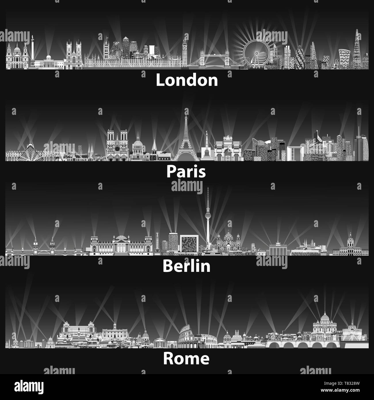Vektor skylines von London, Paris, Berlin und Rom Stock Vektor