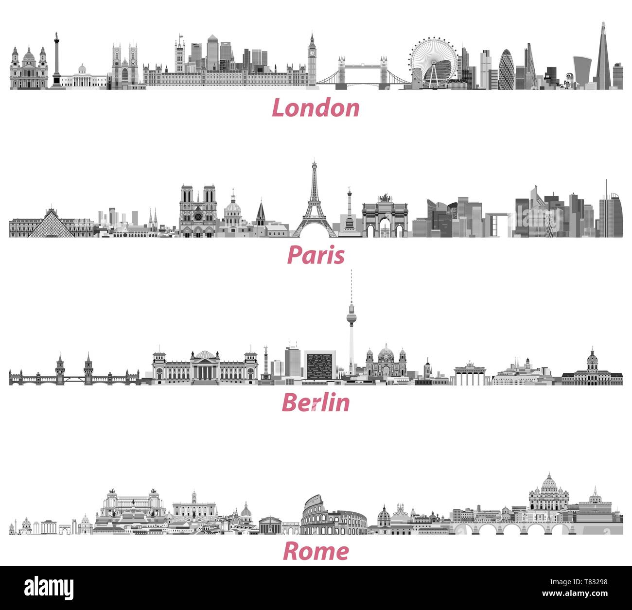 Vektor skylines von London, Paris, Berlin und Rom Stock Vektor