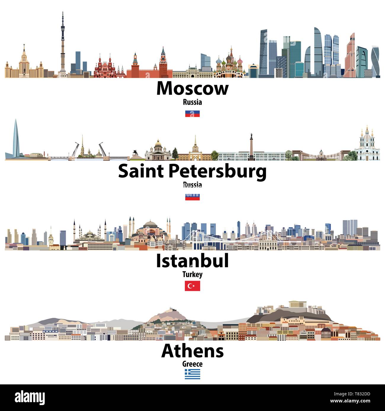 Stadtansichten von Moskau, St. Petersburg, Istanbul und Athen Stock Vektor