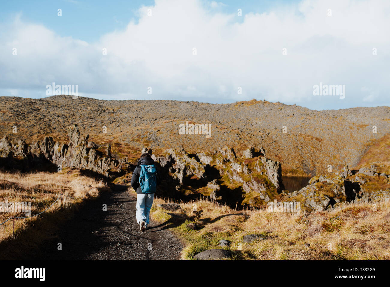 Touristische Wanderungen auf dem Weg zwischen Lavafelsen, Pori, Snafellsnes- og Hnappadalssysla, Island Stockfoto