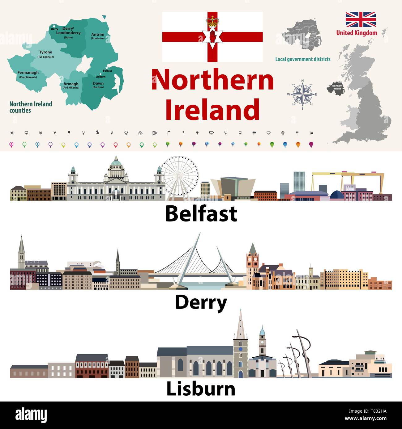 Nordirland Grafschaften Karte und größten Städte Skylines Stock Vektor