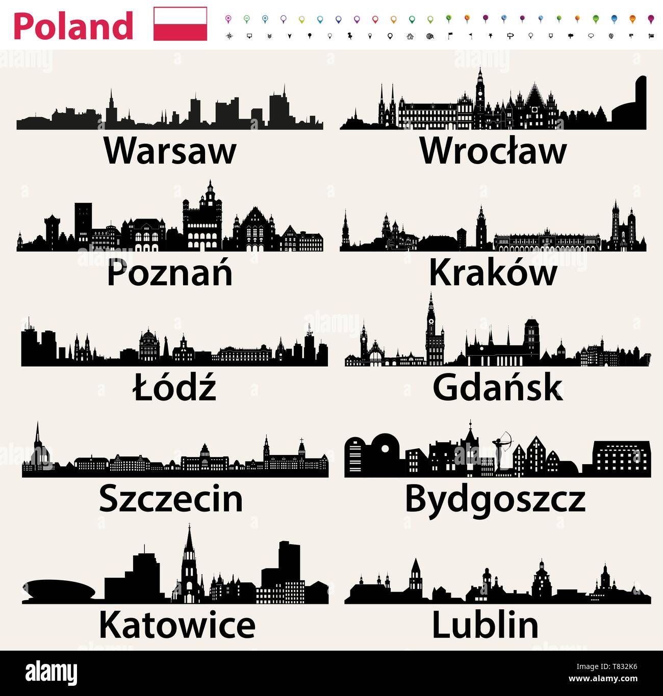 Polen größten Skylines Symbole Stock Vektor