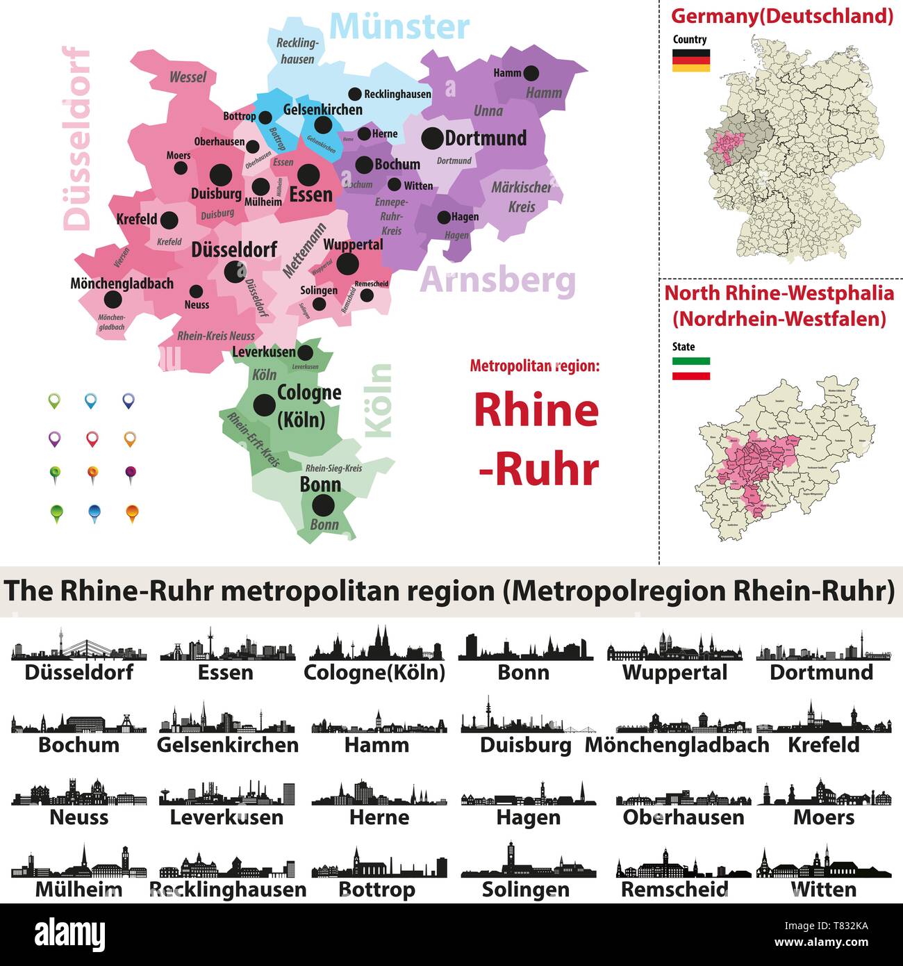 Rhein-ruhr-Gebiet metropolitam Vektor Karte mit den größten Städten skylines Stock Vektor