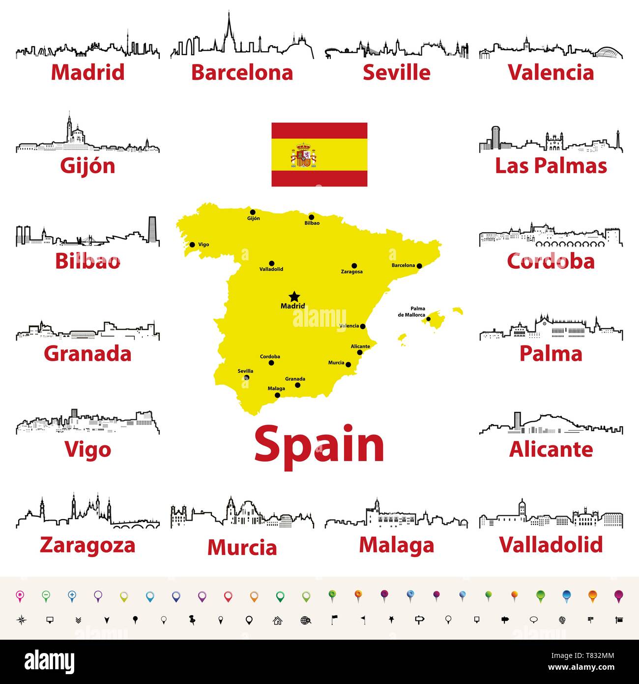 Vektorkarte von Spanien mit den größten Städten skylines Stock Vektor