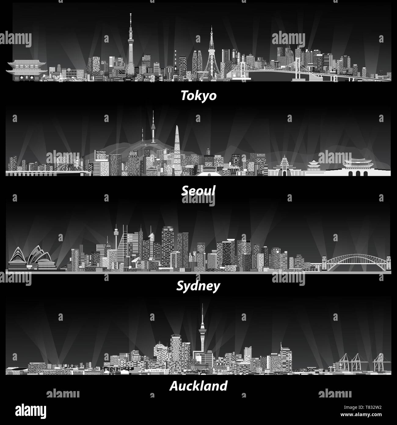 Vektorgrafiken in Tokio, Seoul, Sydney und Auckland Skyline Stock Vektor