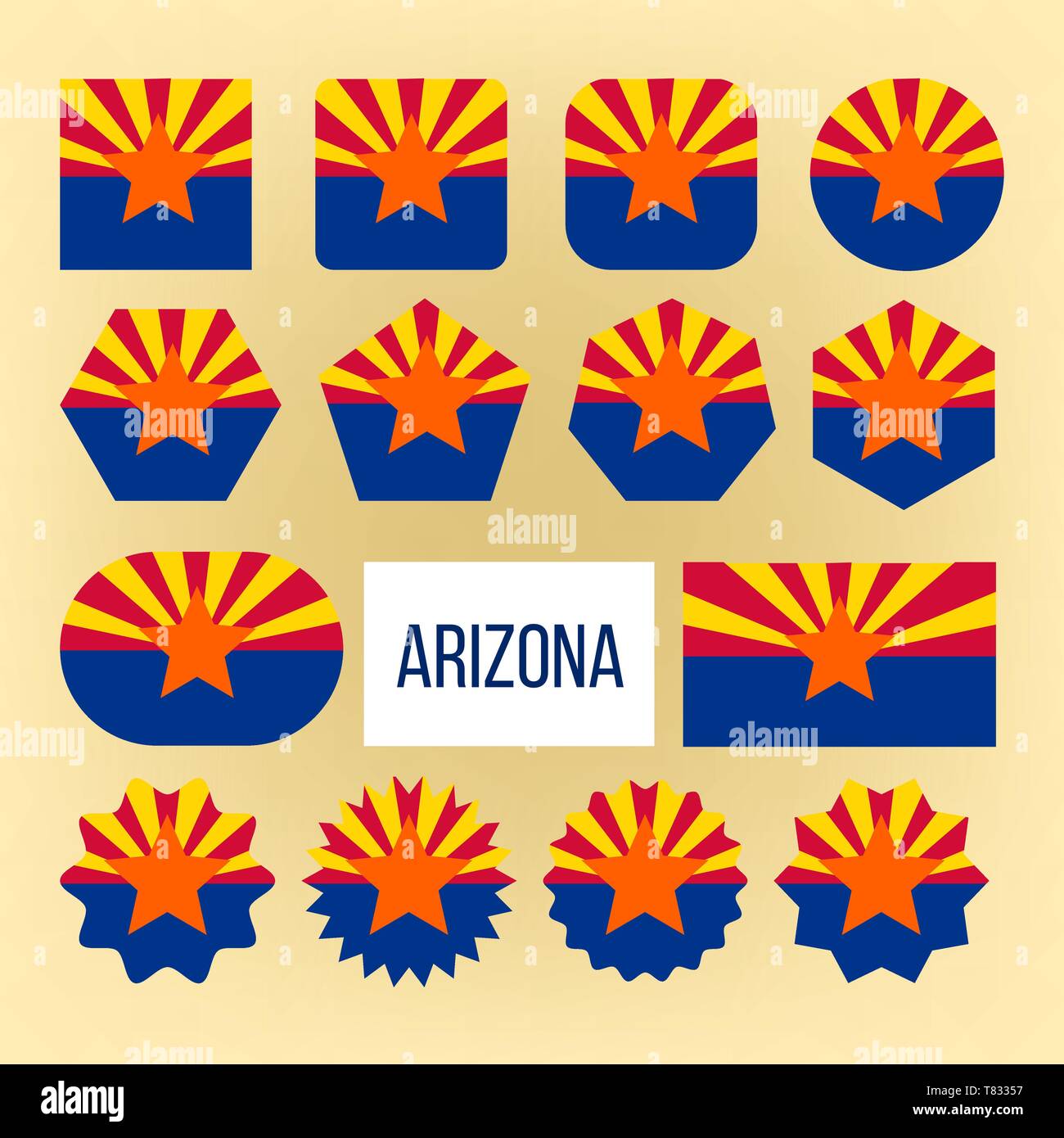 Arizona Flagge Sammlung Abbildung Icons Set Vektor. Symbol der Staat im Südwesten der USA Arizona besteht aus Strahlen von Rot und Gelb Nach oben Stock Vektor