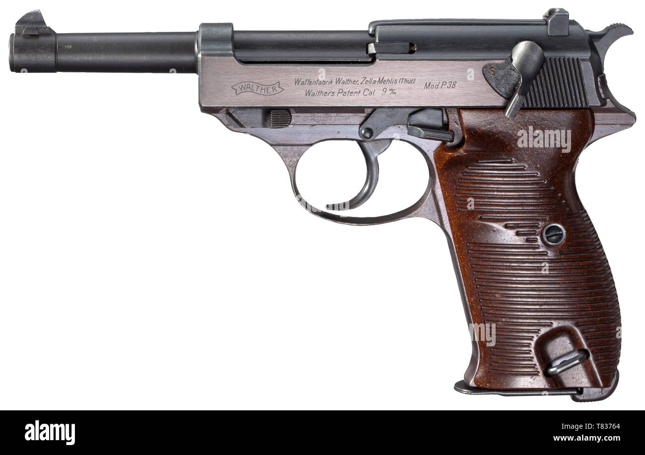 Ein Walther HP-Variante 'P38' Cal. 9 mm Parabellum, nein. 24837. Übereinstimmende Nummern. Spiegel - wie der Bohrung. Nachweis Mark Adler/N. Gegen Ende des Jahres 1944 produziert. Spezielle Inschrift: Anstelle von 'Modi. HP', 'Mod. P38" wird am Ende der Name des Unternehmens eingetragen. Die komplette original beenden, etwas Pflaume - auf der Seite der Folie und mit Grip frame gefärbt. Makellose dunkelbraun Bakelit grip Panels der späten Produktion, sichtbar mit dem Zusatz Holz Mehl gemischt. Richtige Magazin ohne WaA Akzeptanz, mit der Aufschrift "S. 38 v'. Eine besondere Rarität und ein 'must-have' für Walther Konzertstücke, Additional-Rights - Clearance-Info - Not-Available Stockfoto