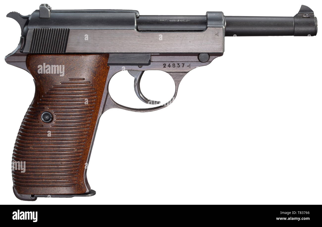 Ein Walther HP-Variante 'P38' Cal. 9 mm Parabellum, nein. 24837. Übereinstimmende Nummern. Spiegel - wie der Bohrung. Nachweis Mark Adler/N. Gegen Ende des Jahres 1944 produziert. Spezielle Inschrift: Anstelle von 'Modi. HP', 'Mod. P38" wird am Ende der Name des Unternehmens eingetragen. Die komplette original beenden, etwas Pflaume - auf der Seite der Folie und mit Grip frame gefärbt. Makellose dunkelbraun Bakelit grip Panels der späten Produktion, sichtbar mit dem Zusatz Holz Mehl gemischt. Richtige Magazin ohne WaA Akzeptanz, mit der Aufschrift "S. 38 v'. Eine besondere Rarität und ein 'must-have' für Walther Konzertstücke, Additional-Rights - Clearance-Info - Not-Available Stockfoto