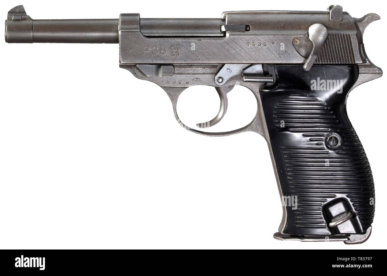 Mauser P 38 mit FN Folie 'ac 43', phosphatiert Cal. 9 mm Parabellum, nein. 7632 e. Übereinstimmende Nummern. Spiegel - wie der Bohrung. Produktion ca. März 1945. Akzeptanzzeichen eagle/WaA 135 auf großen Teilen. Schieben Sie bereits codiert" AC 43' für Walther, auf der rechten Seite zusätzliche Sternchen. FN Lieferung aus dem besetzten Belgien Mauser statt Walther, um Ihre materielle Mängel der letzten Monate zu erleichtern. Trigger und Sicherheit mit Akzeptanzzeichen eagle/359 als Teile von Walther. Die komplette original, hellgrau Phosphatieren einschließlich Barrel, teilweise, Additional-Rights - Clearance-Info - Not-Available Stockfoto