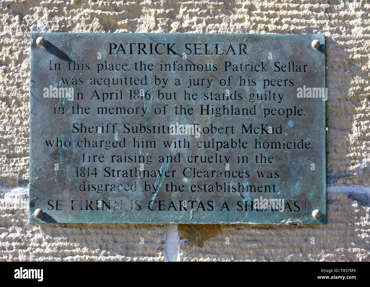 Erbe Plakette wieder den berüchtigten Patrick Sellar, Mautstelle, Inverness, Schottland, UK Stockfoto