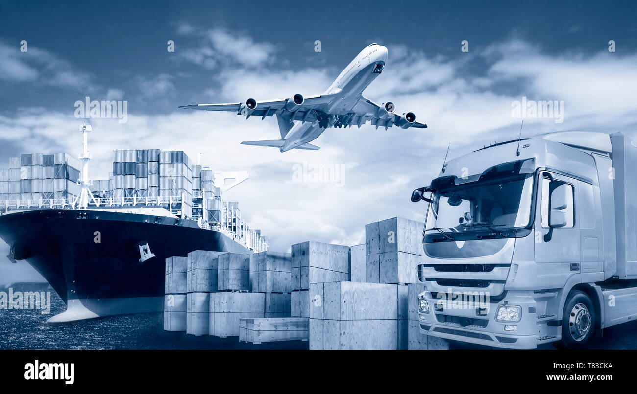 Lkw, Flugzeug und Schiff mit Träger Boxen als Symbol für den internationalen Handel Stockfoto