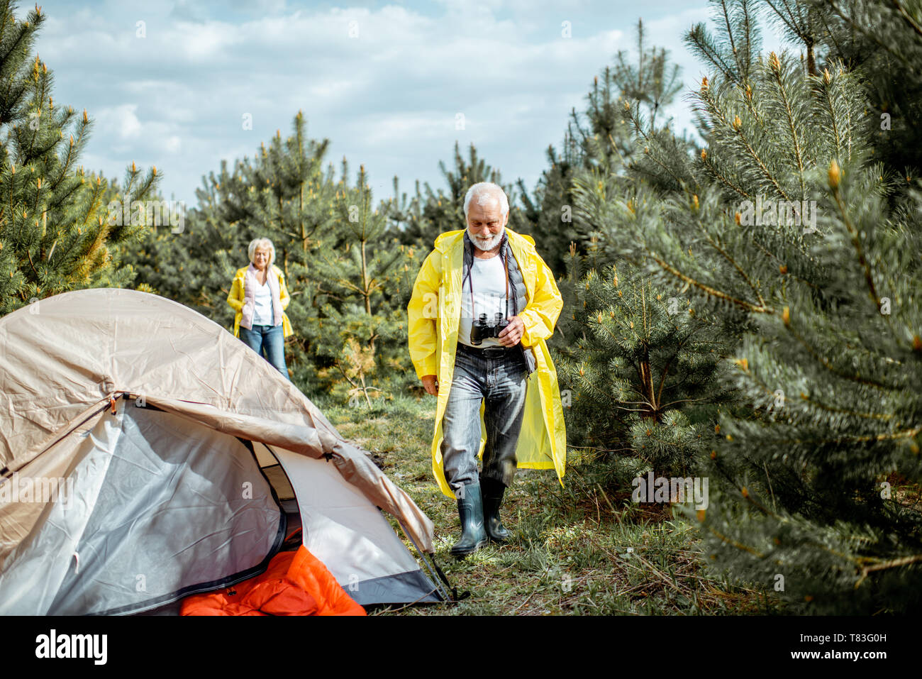 Senior Paar in gelben Regenjacken auf dem Campingplatz im Jungen Wald Stockfoto